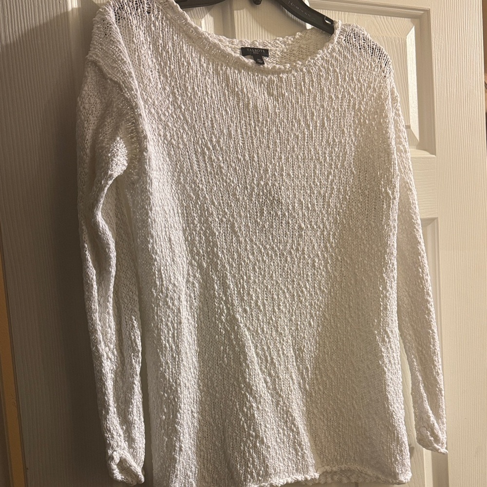 Talbots 100% Cotton White Textured Knit Sweater Medium Petite
